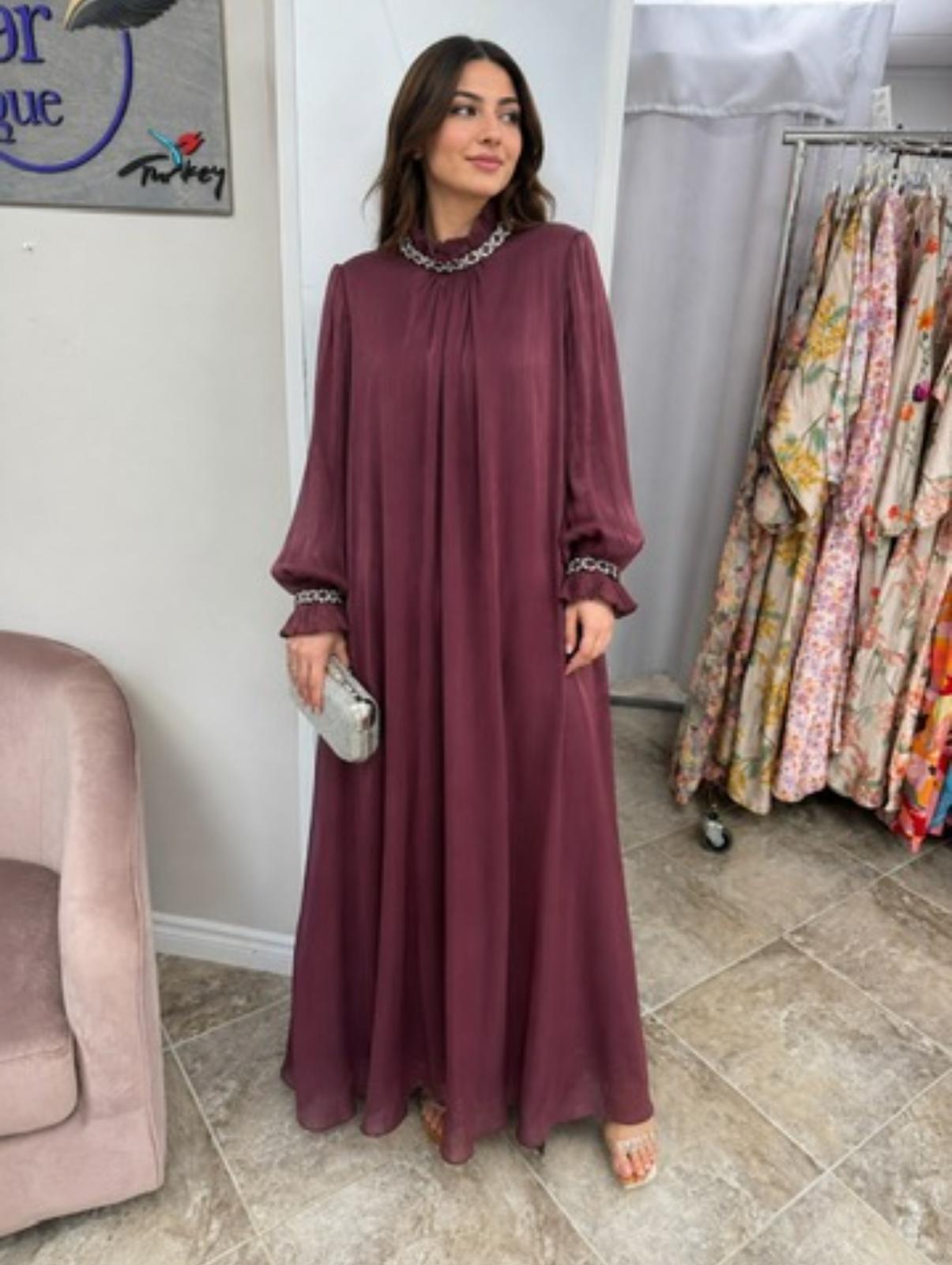 Plum Glow Pleated Evening Hijab Dress