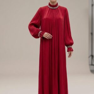 Red Glow Pleated Evening Hijab Dress