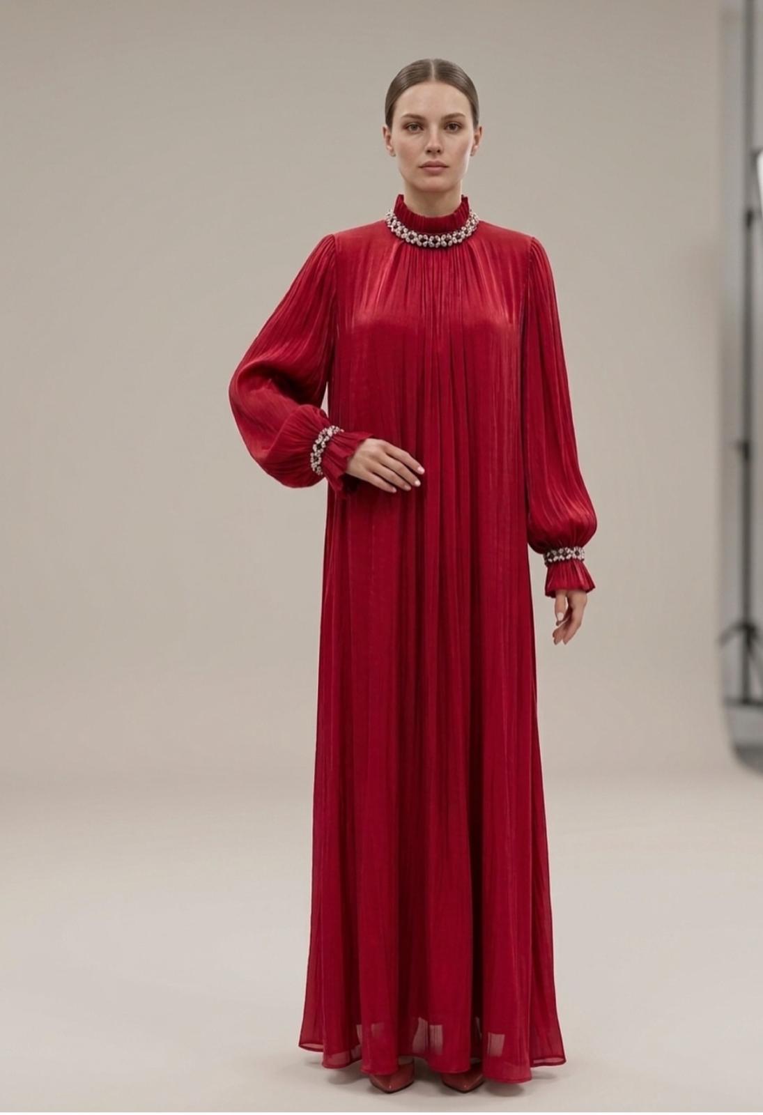Red Glow Pleated Evening Hijab Dress