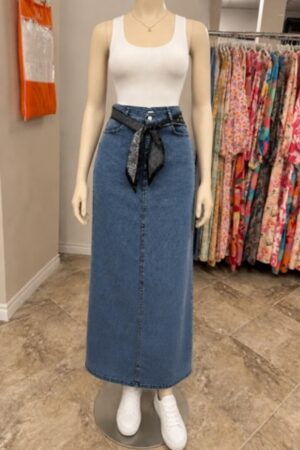 Denim Maxi Skirt with Scarf Belt