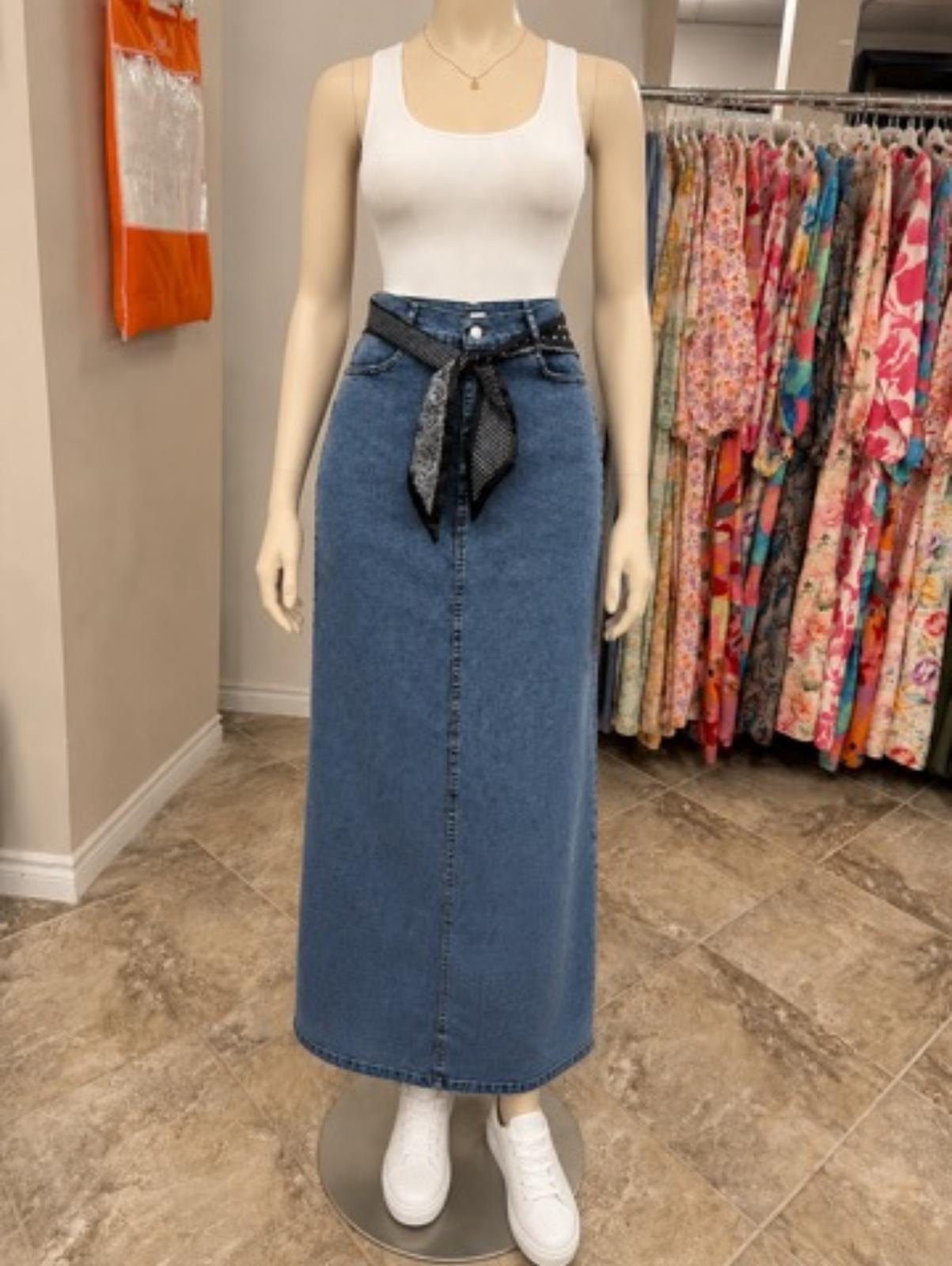 Denim Maxi Skirt with Scarf Belt