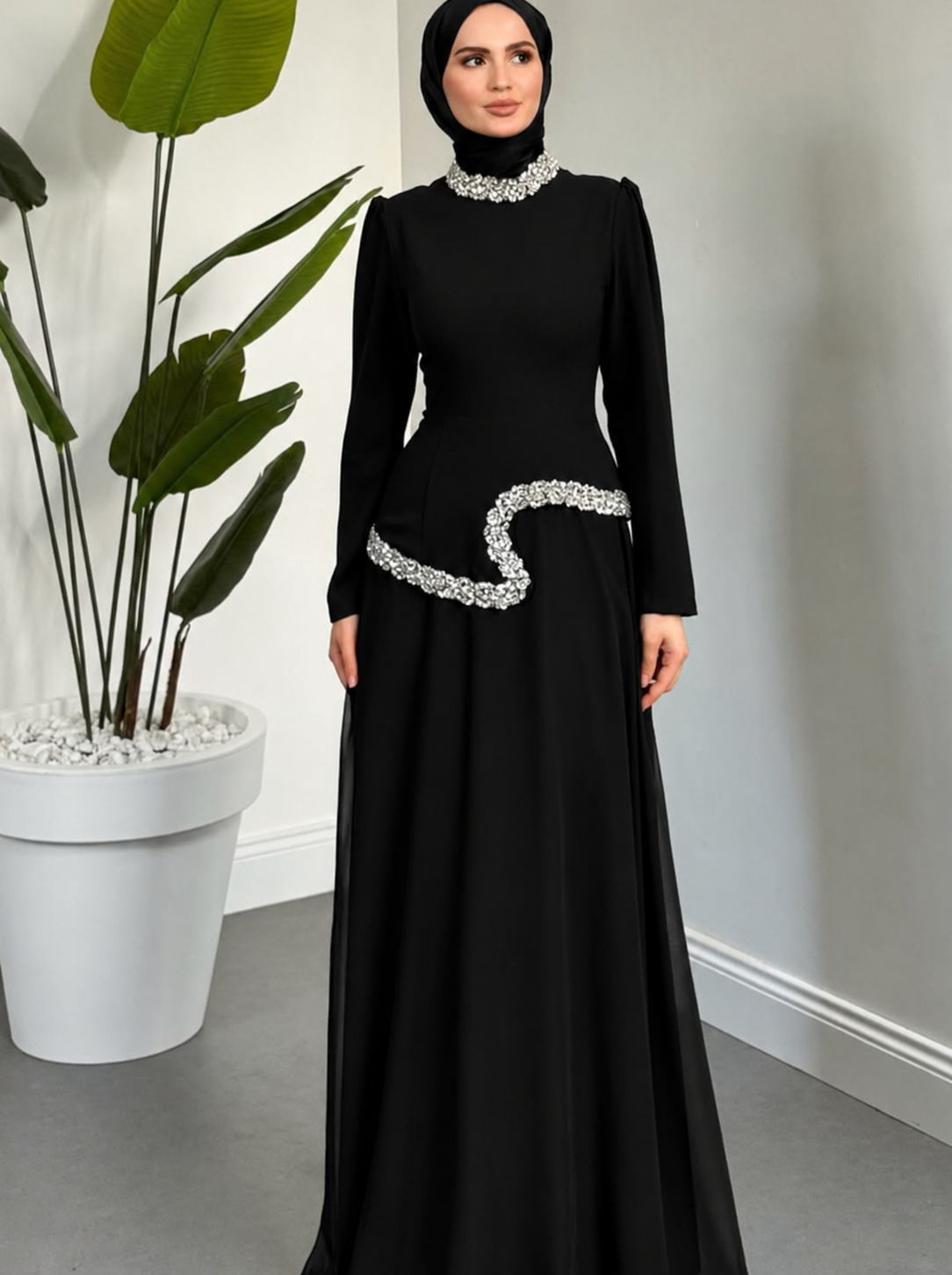 Pearl Embellished Modest Evening Gown