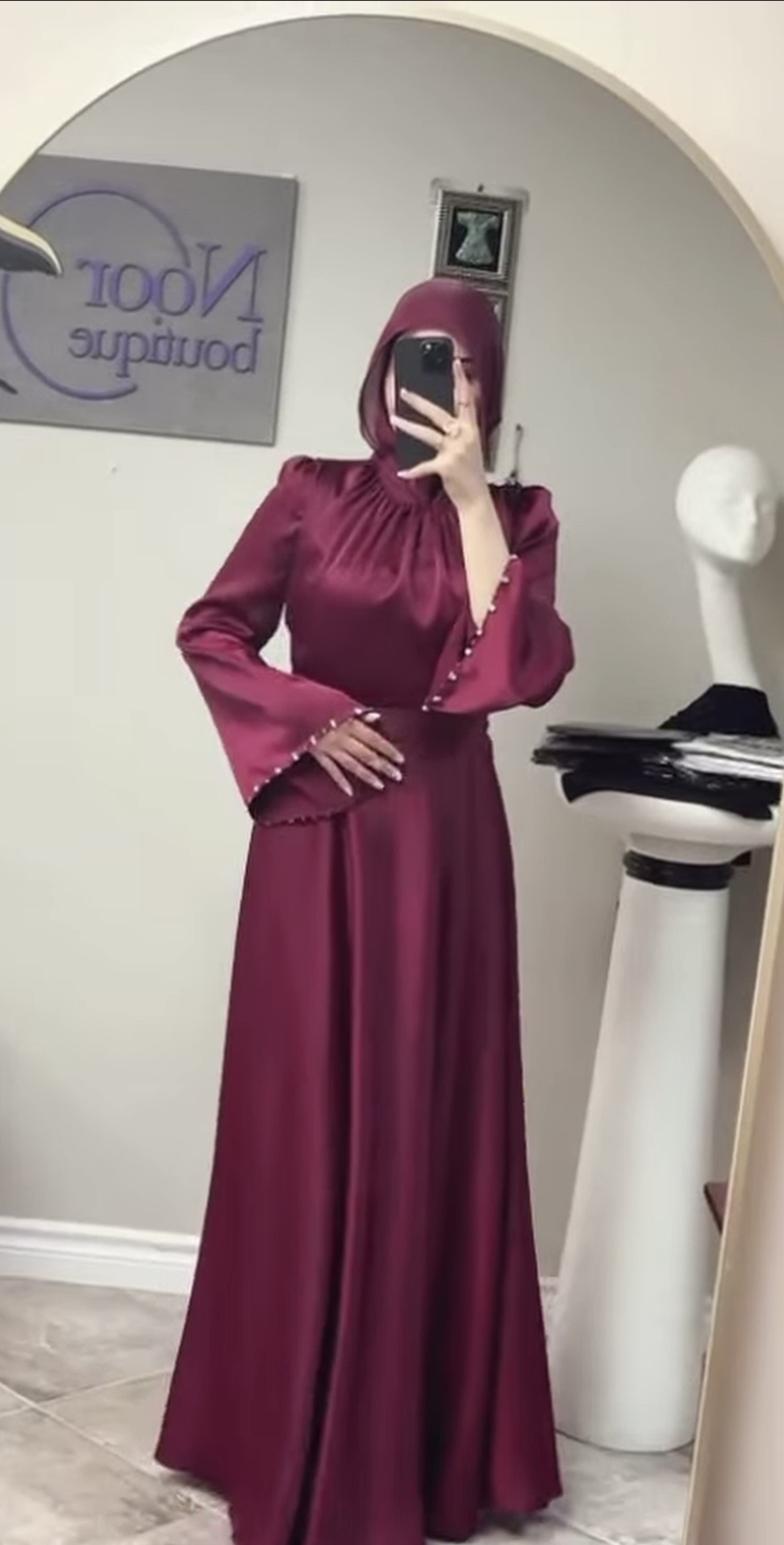 Pearl Trim Modest Evening Dress - Image 3