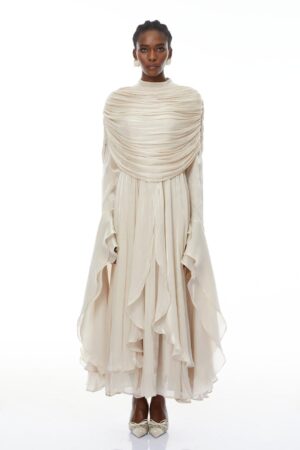 Ivory Chiffon Ruffled Glow Evening Gown