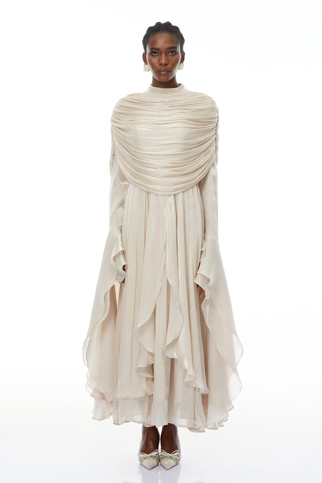 Ivory Chiffon Ruffled Glow Evening Gown
