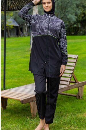 Black Palm Print Modest Swimwear Set