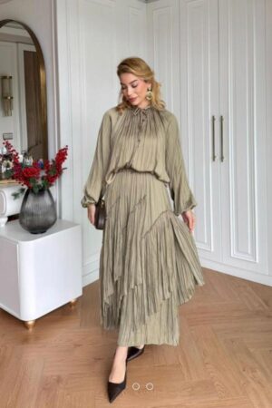 Olive Pleated Modest Two-Piece Set