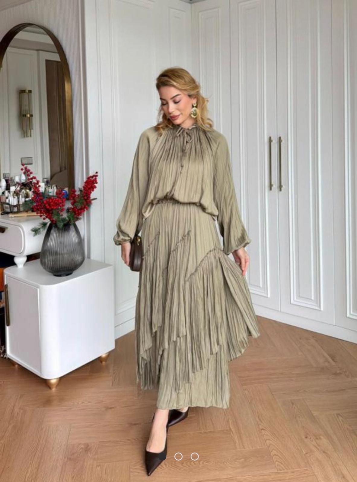 Olive Pleated Modest Two-Piece Set
