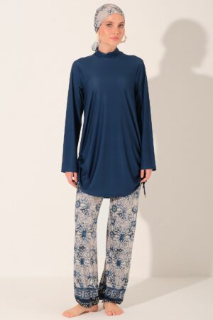 Modest Swimwear Set – Navy Blue Pattern
