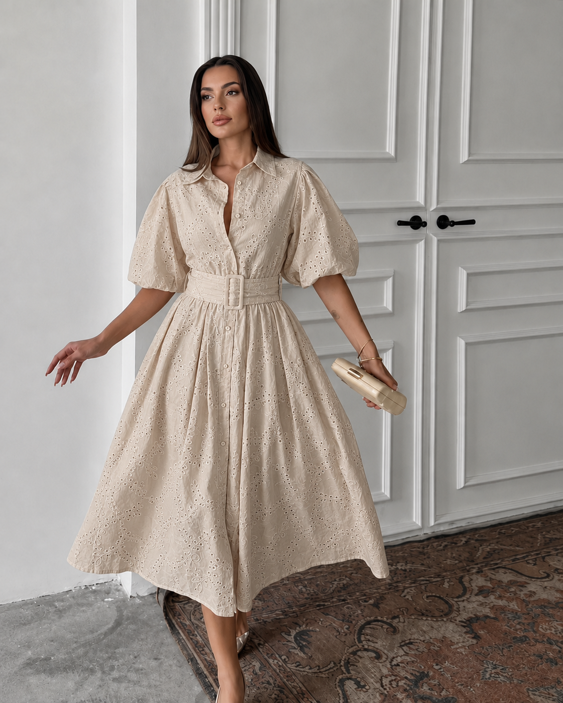 Aurora Belted Eyelet Midi Dress