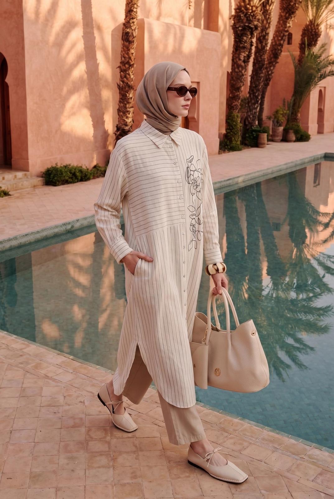 Natural Fabric Full-Length Button-Down Embroidered Tunic with Pockets – Ecru