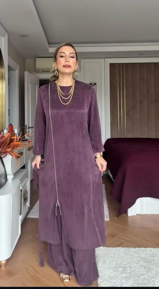 Asymmetrical Zip Detail Silk Cupra Tunic Set