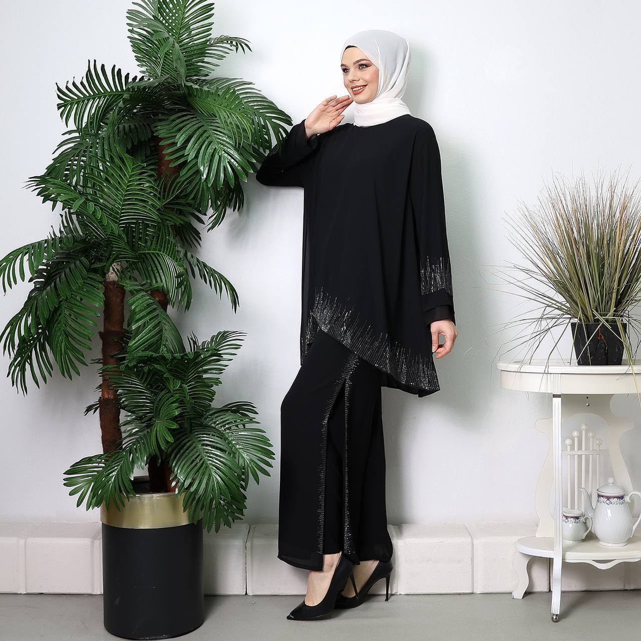 Elegant Chiffon Crystal Detail 2-Piece Modest Set