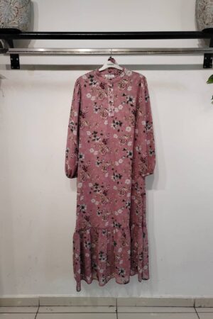 Floral Pink Chiffon Pleated Maxi Dress