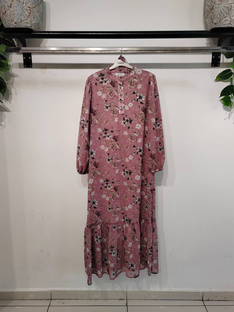 Floral Pink Chiffon Pleated Maxi Dress