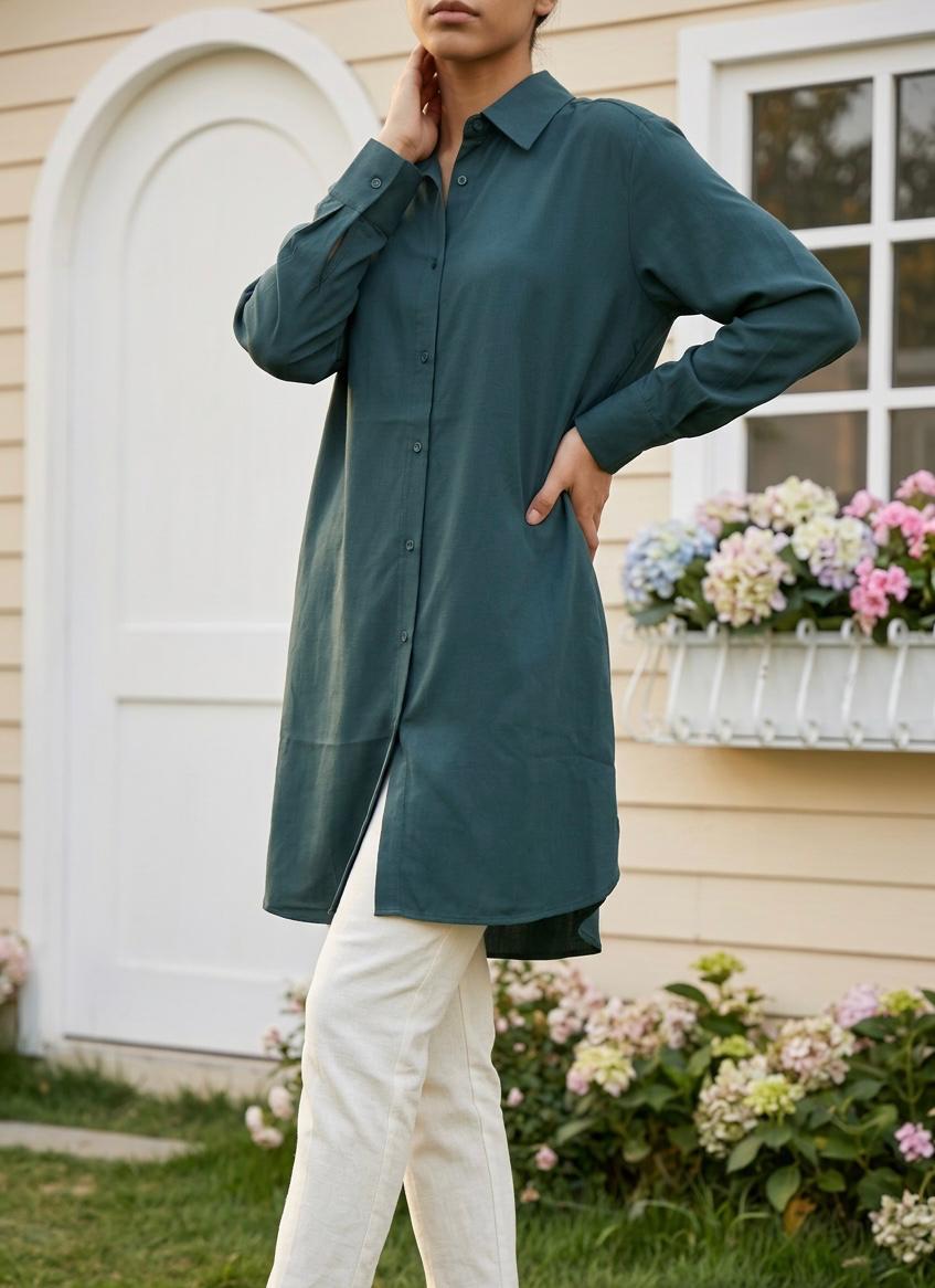 Petrol Green Cotton-Blend Mid-Length Summer Tunic