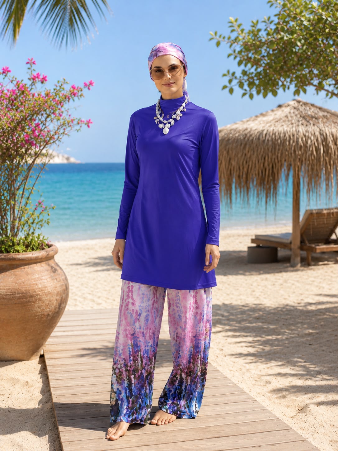 Modest Swimwear Set – Royal Blue Floral