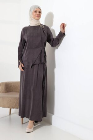 Ribbed Silk Cupra Skirt Set with Shoulder Buckle Button