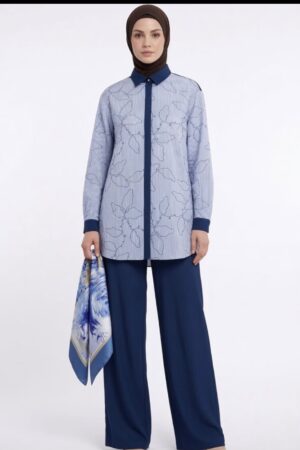 Blue Striped Floral Print Tunic & Wide-Leg Pants Set