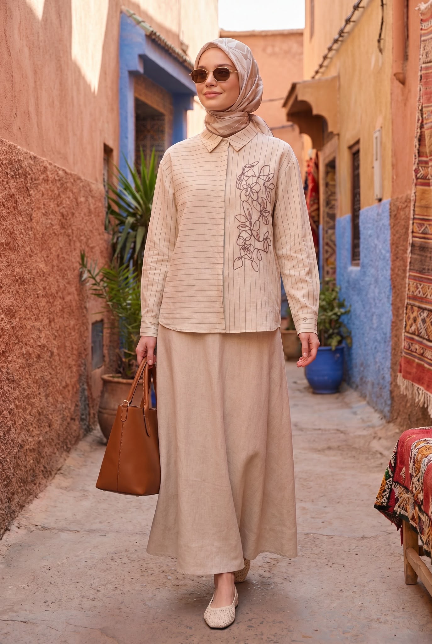 Ecru Floral Embroidered Striped Button-Up Shirt & Skirt Set - Image 3