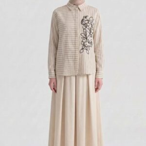 Ecru Floral Embroidered Striped Button-Up Shirt & Skirt Set