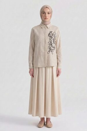 Ecru Floral Embroidered Striped Button-Up Shirt & Skirt Set
