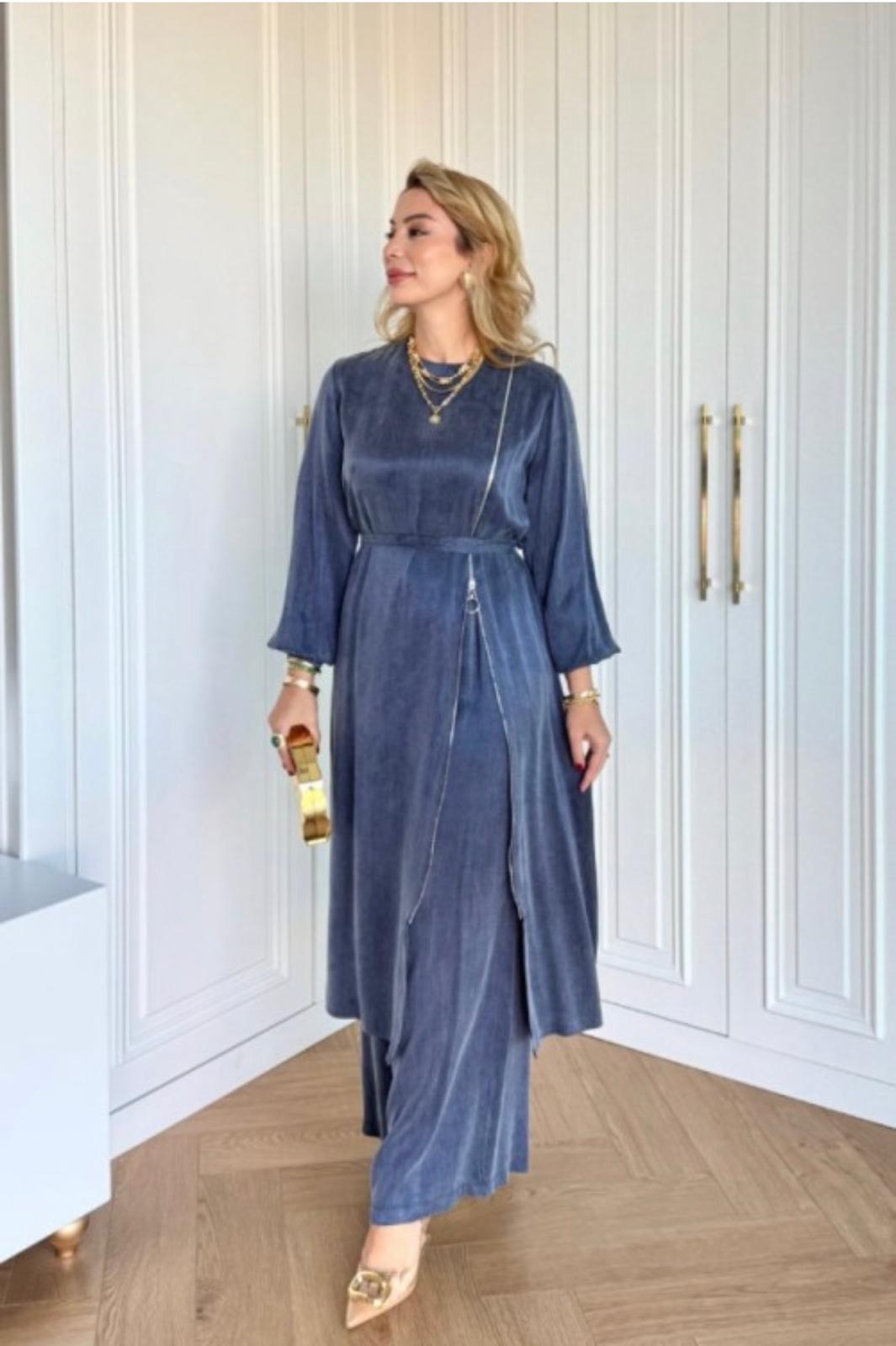 Asymmetrical Zip Detail Silk Cupra Tunic Set - Image 2