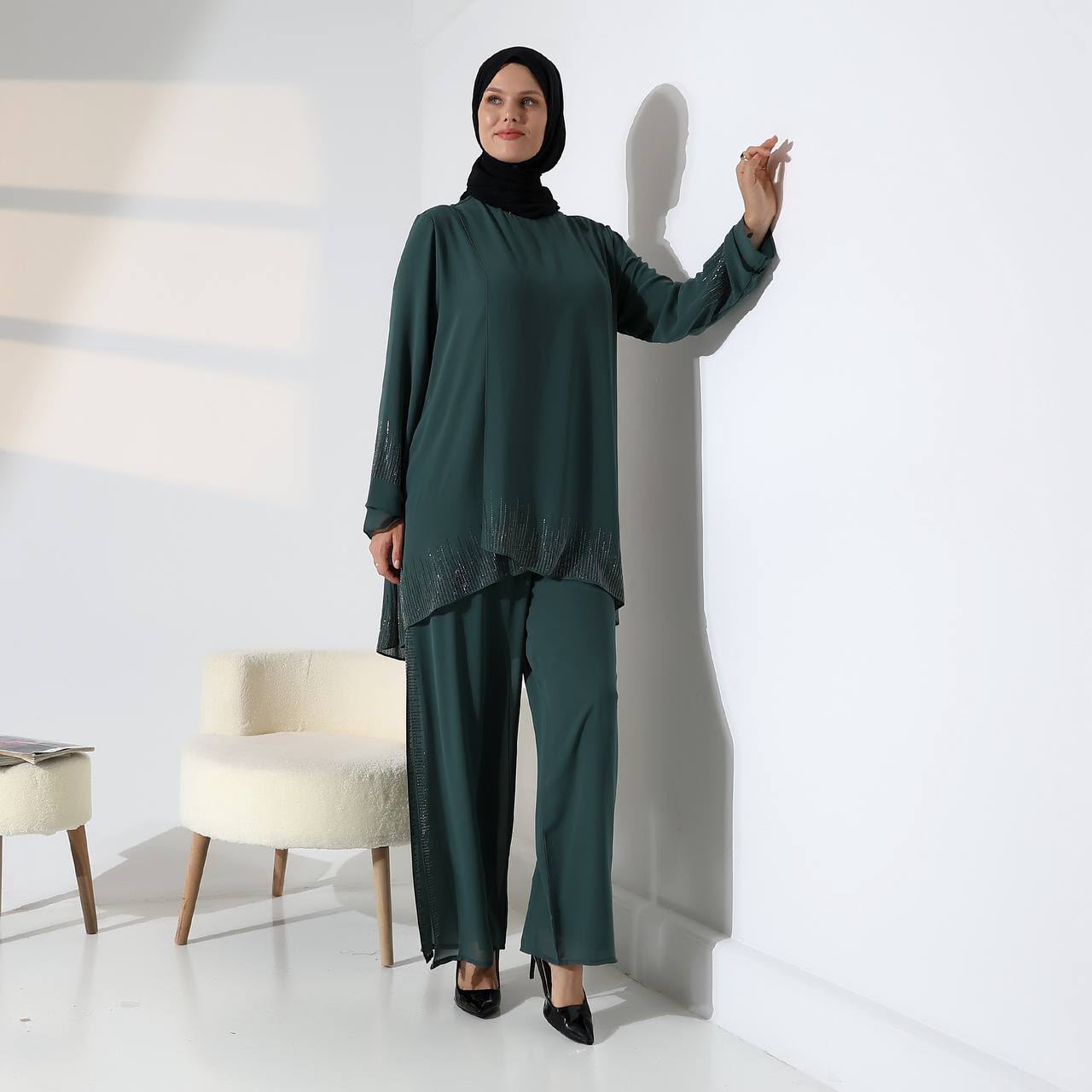 Elegant Chiffon Crystal Detail 2-Piece Modest Set - Image 2
