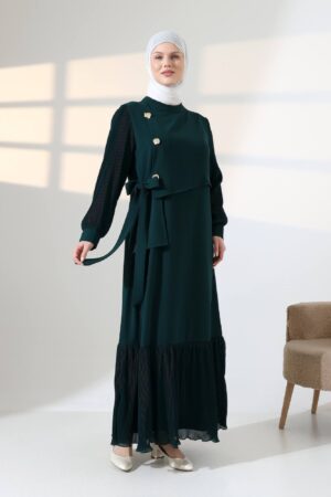 Elegant Pleated Chiffon Maxi Dress with Gold Button Detail