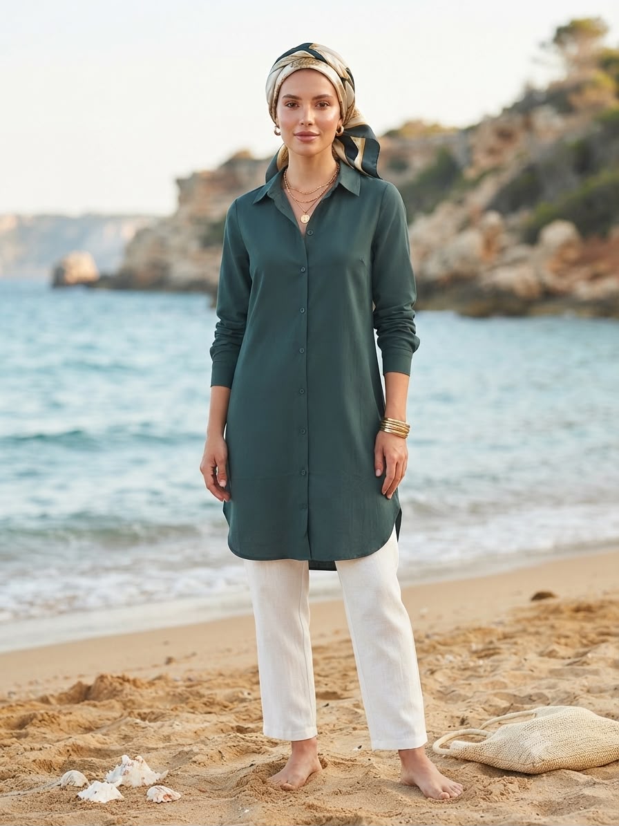 Petrol Green Cotton-Blend Mid-Length Summer Tunic - Image 2