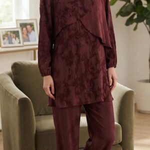Silk Cupra Sequin Detail Layered Tunic & Wide-Leg Pants Set