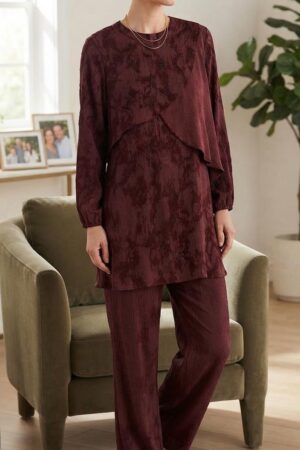 Silk Cupra Sequin Detail Layered Tunic & Wide-Leg Pants Set
