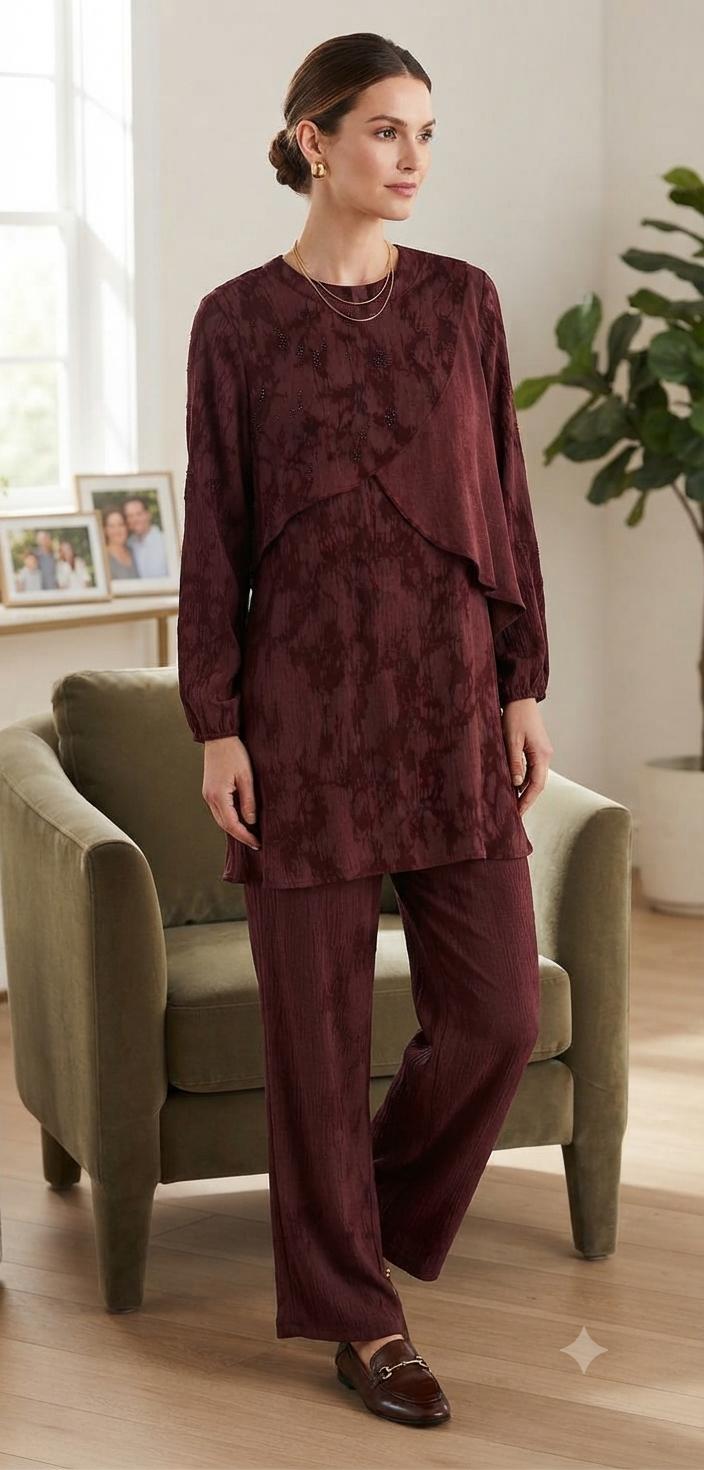 Silk Cupra Sequin Detail Layered Tunic & Wide-Leg Pants Set