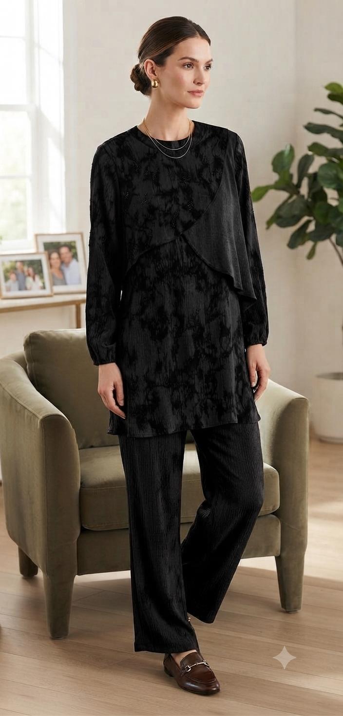 Silk Cupra Sequin Detail Layered Tunic & Wide-Leg Pants Set - Image 4