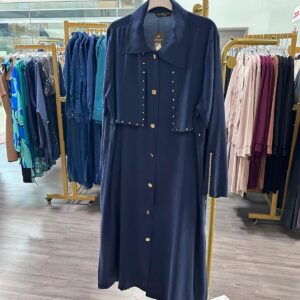 Navy Blue Silk Cupra Embellished Button-Front Midi Cape Shirt
