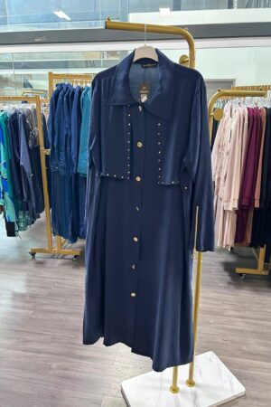 Navy Blue Silk Cupra Embellished Button-Front Midi Cape Shirt