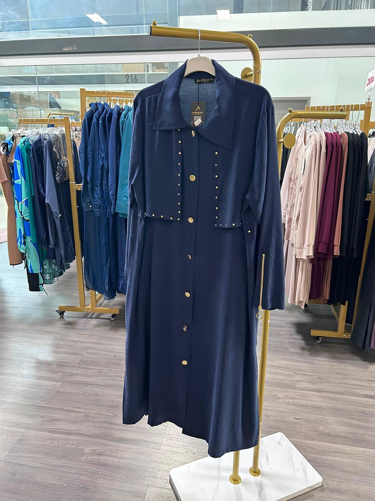 Navy Blue Silk Cupra Embellished Button-Front Midi Cape Shirt
