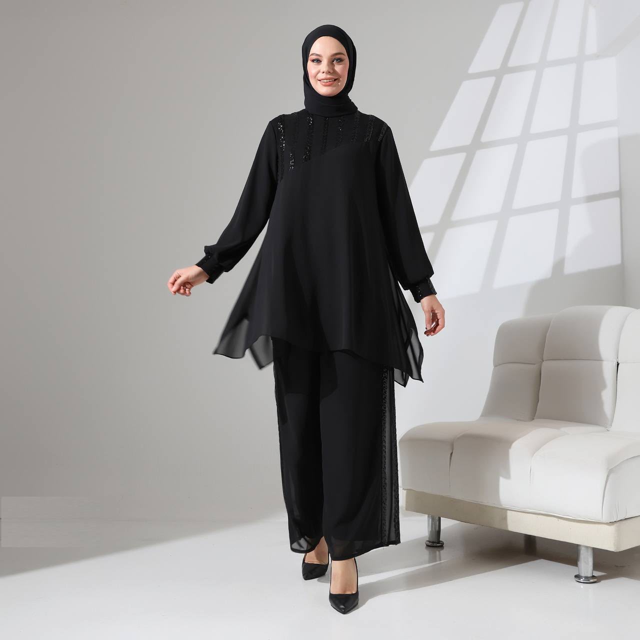 Sequin Detail Chiffon Pant Set
