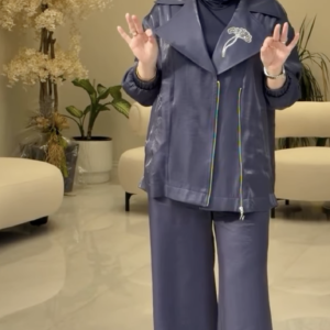 Navy Blue Luxury Gabardine 2-Piece Set with Zip Jacket & Elastic Waist Pants - Nuss