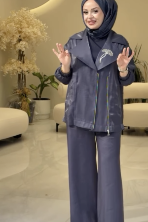 Navy Blue Luxury Gabardine 2-Piece Set with Zip Jacket & Elastic Waist Pants - Nuss