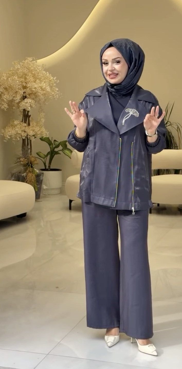 Navy Blue Luxury Gabardine 2-Piece Set with Zip Jacket & Elastic Waist Pants - Nuss