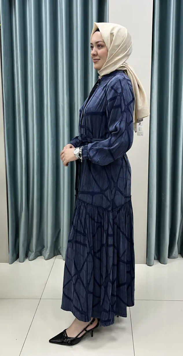 Luxury Silk Cupra Ruffle Modest Dress with Belt - Image 3
