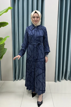 Luxury Silk Cupra Ruffle Modest Dress with Belt