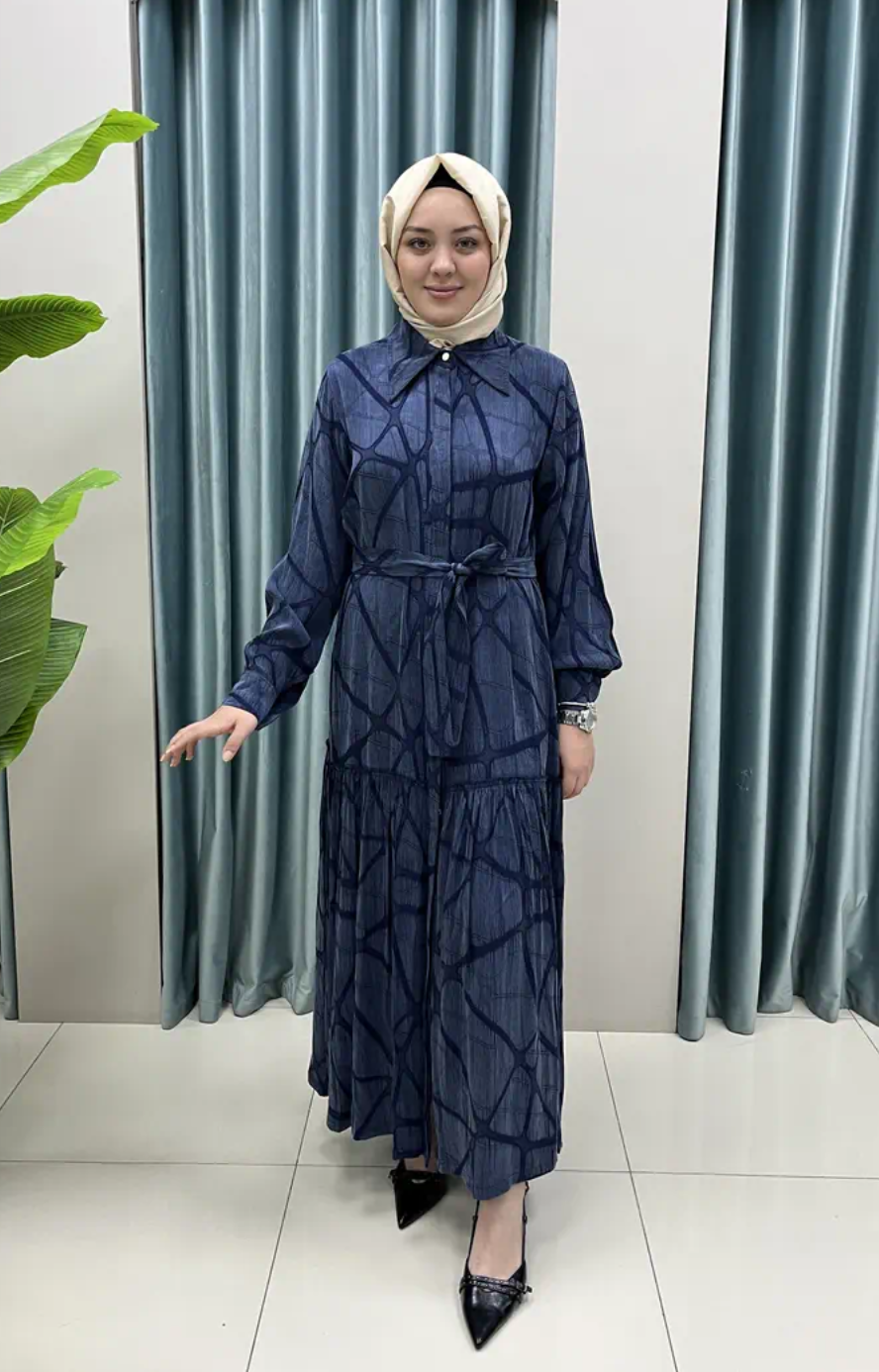 Luxury Silk Cupra Ruffle Modest Dress with Belt