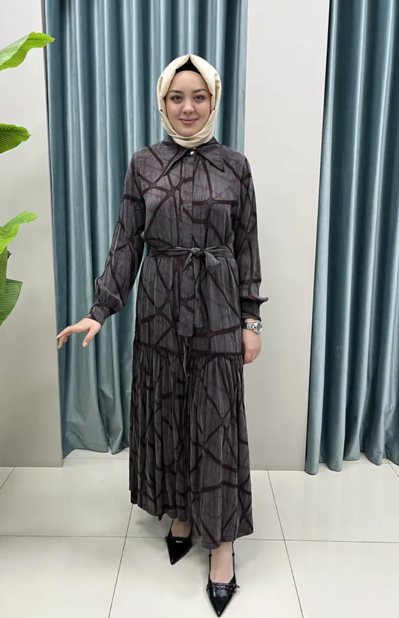 Luxury Silk Cupra Ruffle Modest Dress with Belt - Image 5