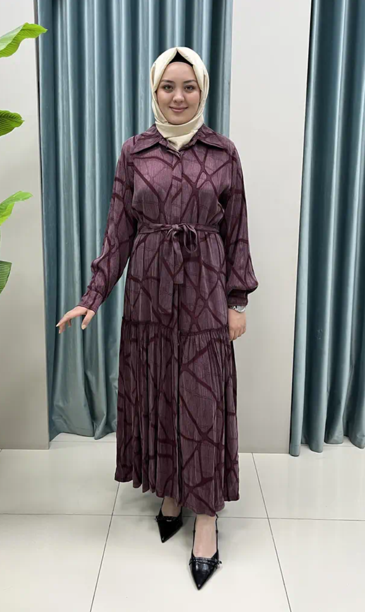 Luxury Silk Cupra Ruffle Modest Dress with Belt - Image 7