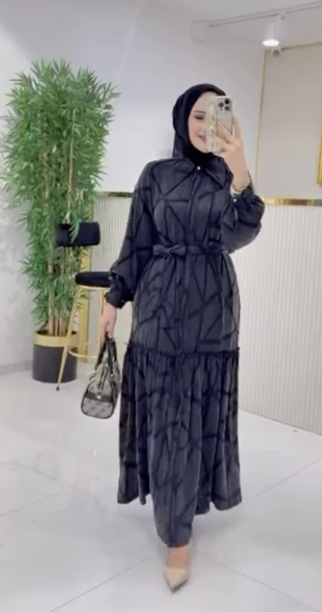 Luxury Silk Cupra Ruffle Modest Dress with Belt - Image 6