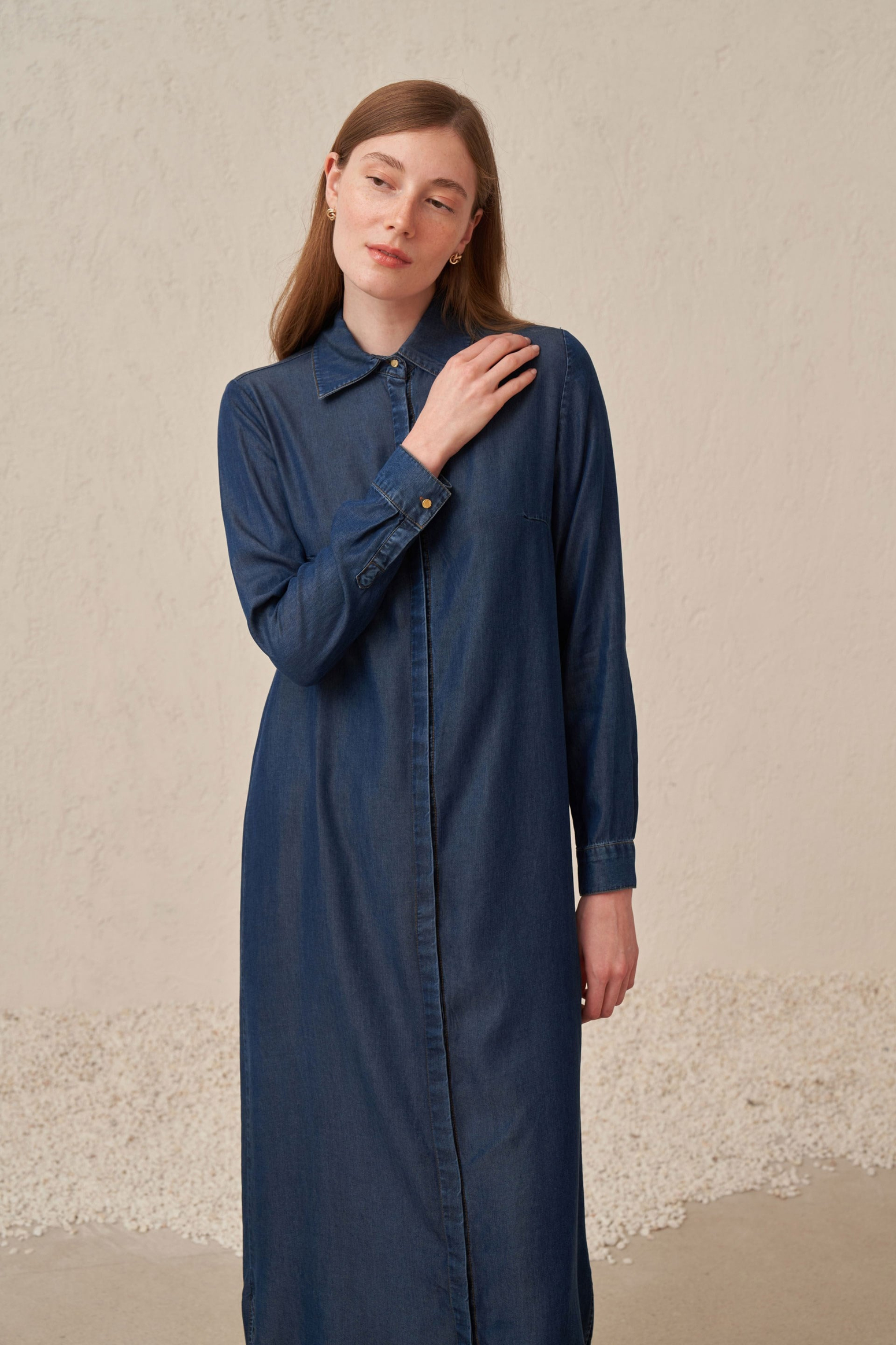 Denim Long Tunic Shirt - Dark Blue - Image 5