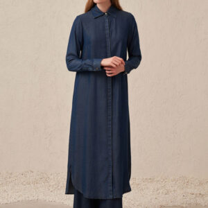 Denim Long Tunic Shirt - Dark Blue