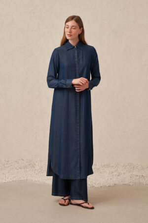 Denim Long Tunic Shirt - Dark Blue